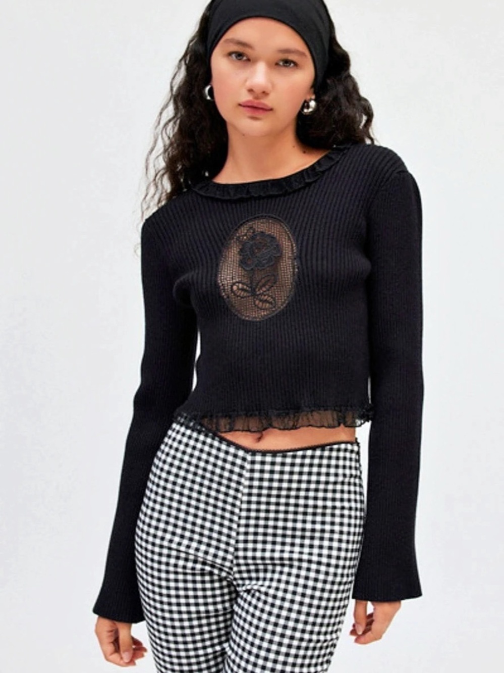 For Love & Lemons Lyon Rose Cameo Knit Sweater Black Long Sleeve Small Flower